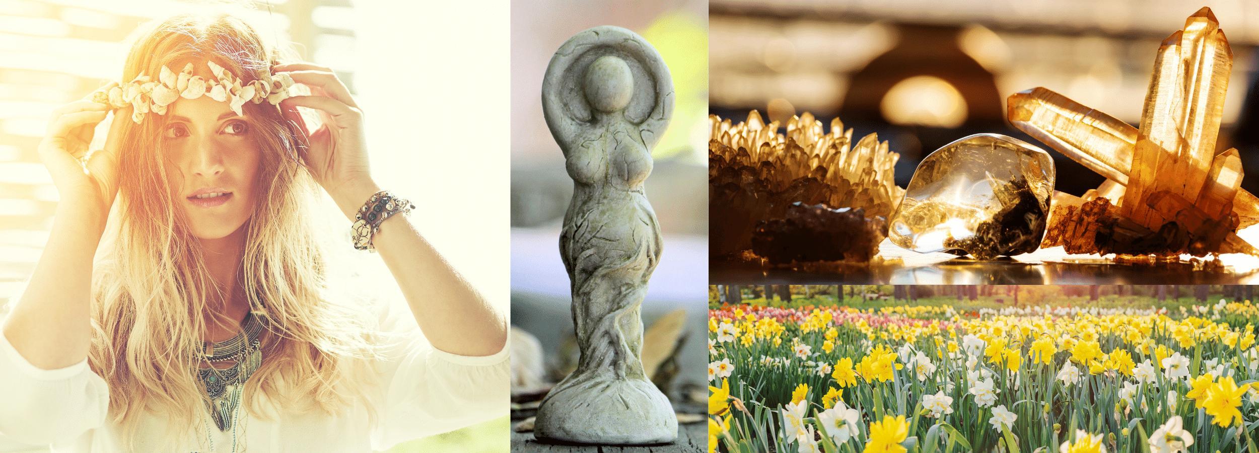 Collage of images to celebrate Imbolc: Goddess Brigid, Imbolc crystals, daffodils