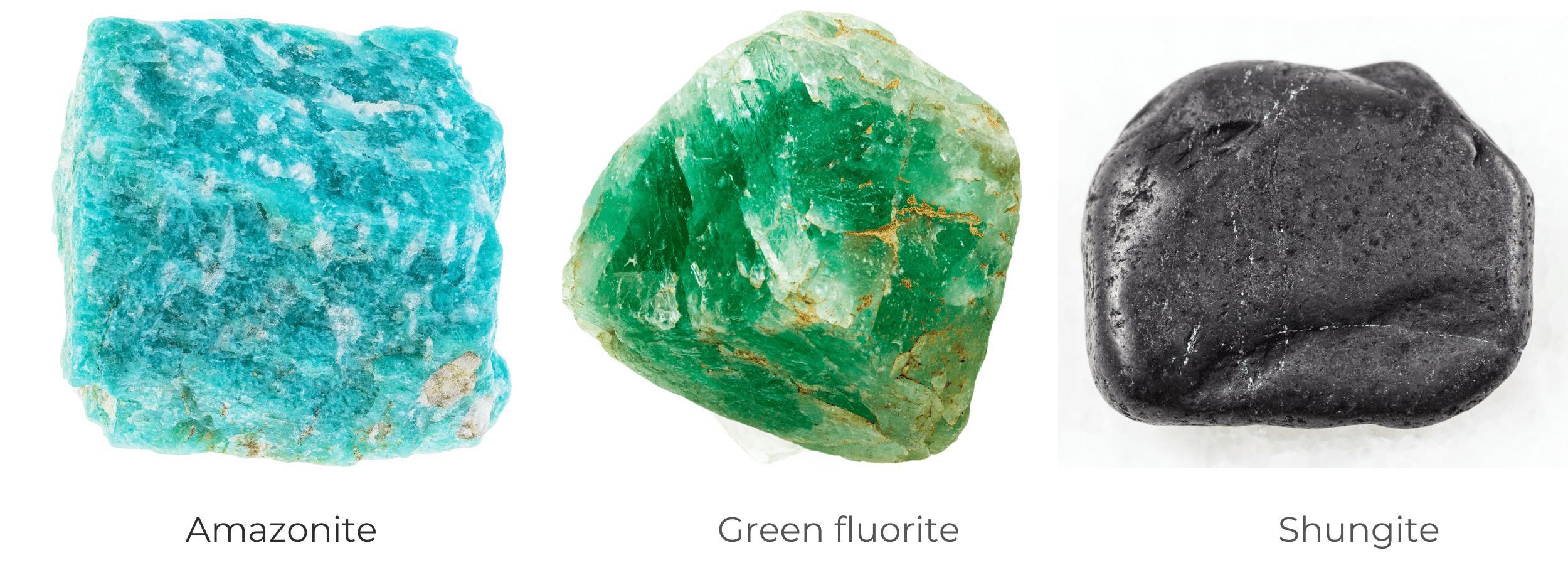 Amazonite, green fluorite and shungite healing crystals