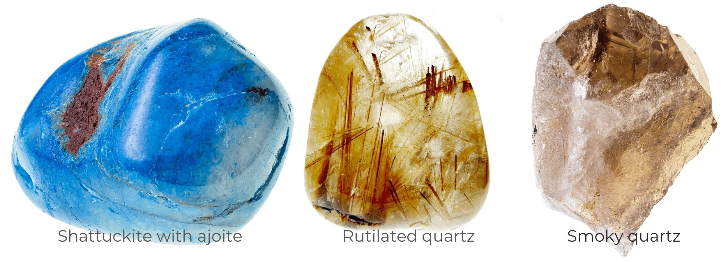 Shattuckite, Rutilated quartz and smoky quartz healing crystals