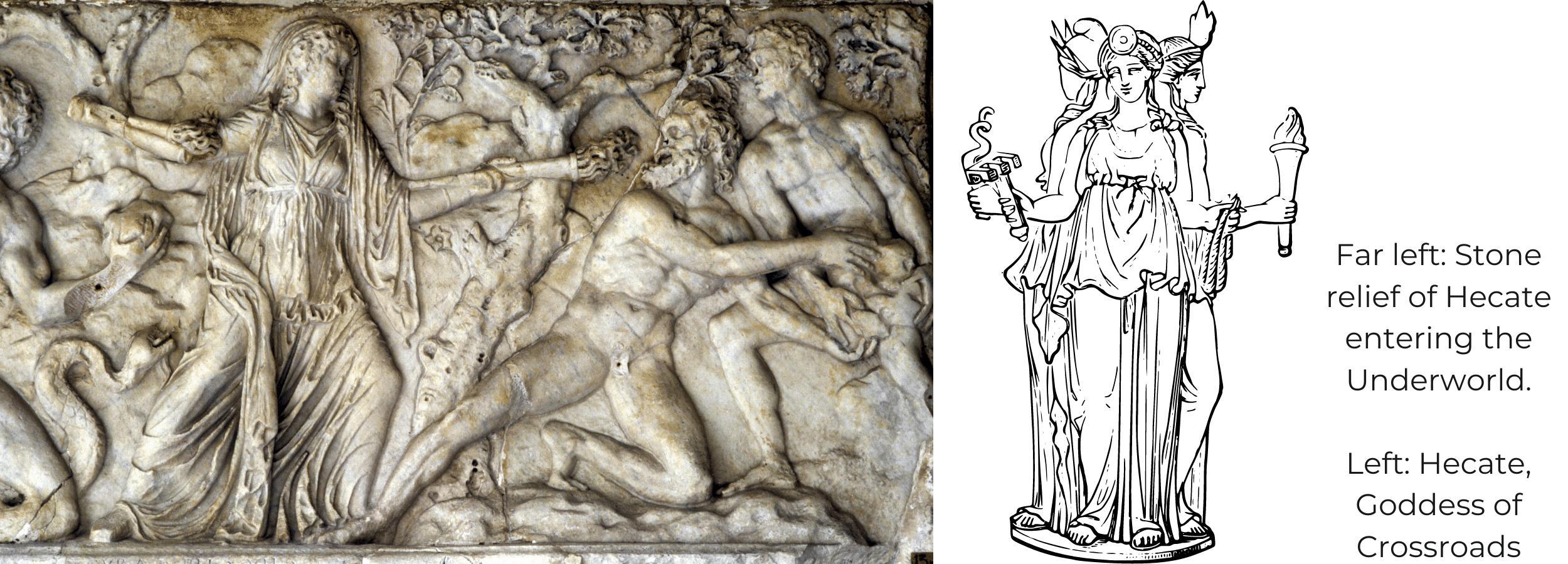 Stone relief of Hecate in the Underworld and drawing of Hecate the Triple Goddess