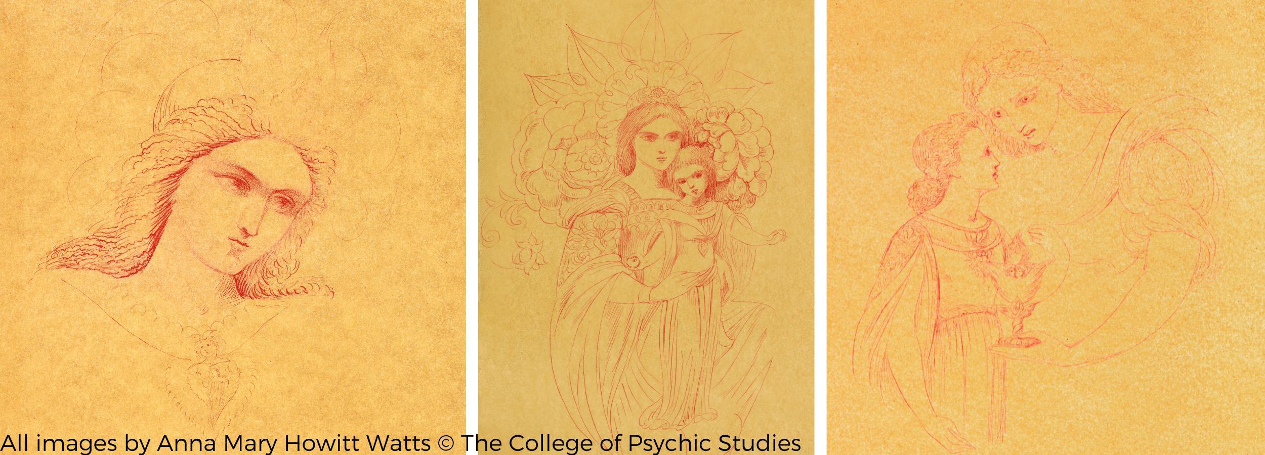 Three line drawings by Anna Mary Howitt, from The College of Psychic Studies collection