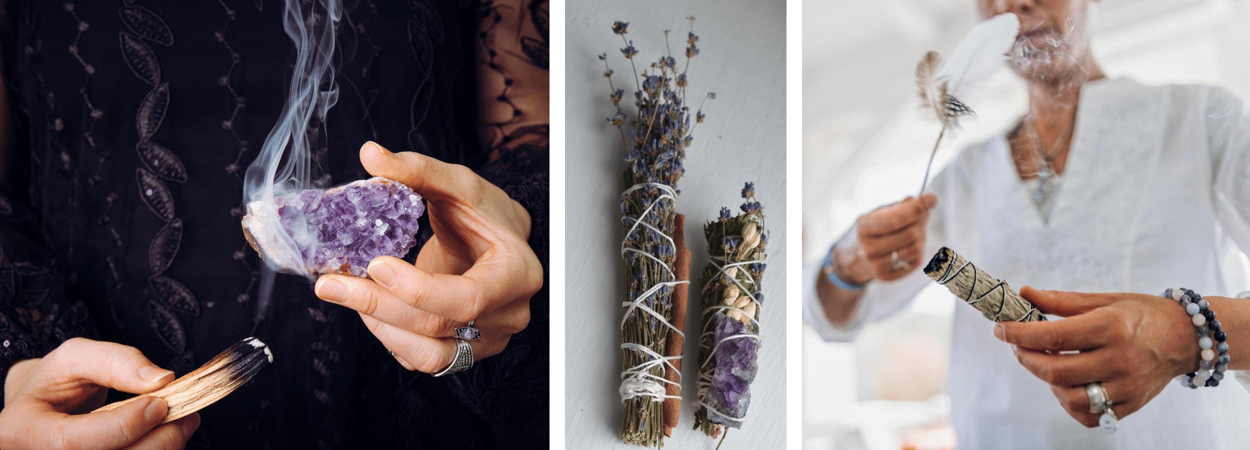 Smudging a crystal with palo santo, smudging sticks with dried herbs, and smudging a room with sage.