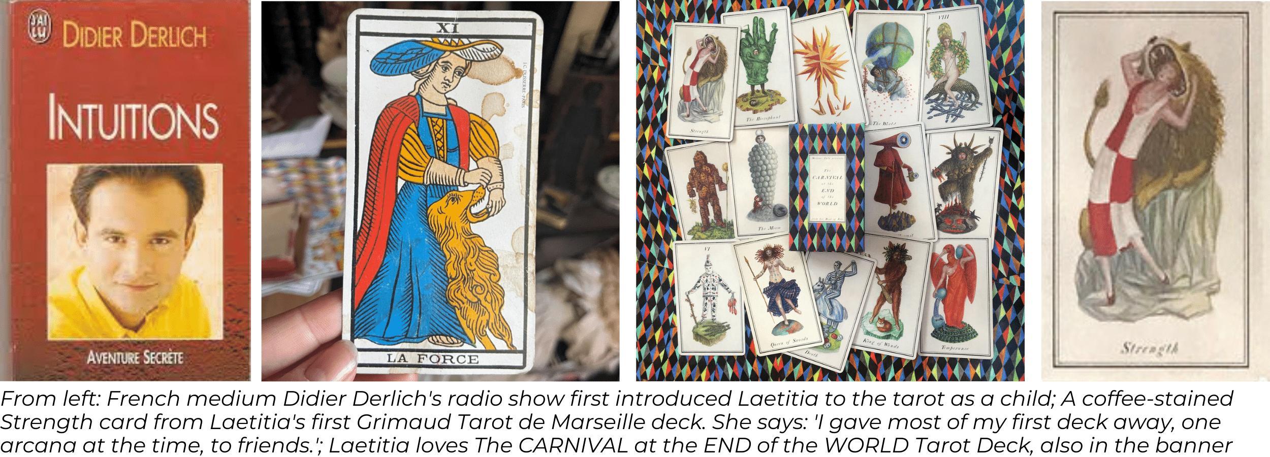 Strength from Laetitia Barbier's first Marseille tarot deck, and her favourite Carnival at the End of the World tarot deck