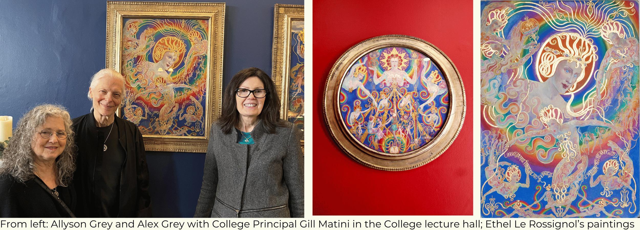 Alex Grey, Allyson Grey and principal of The College of Psychic Studies, Gill Matini, with a painting by Ethel le Rossignol from the CPS collection